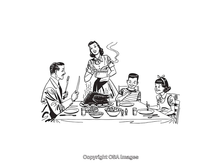 Traditional Family Dinner Illustration in Black and White Line Art Style