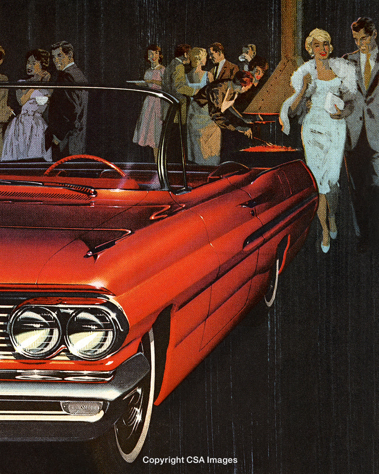 Retro Party Scene Featuring a Stylish Red Convertible and Elegant Guests