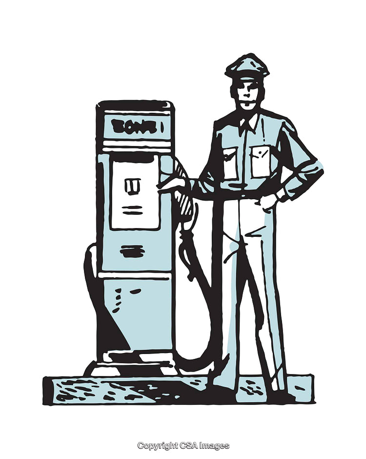 Vintage Illustration of a Gas Station Attendant with Pump