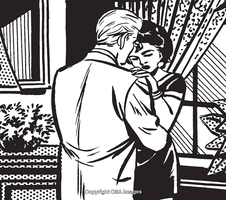 Retro Black and White Illustration of a Couple in Emotional Embrace