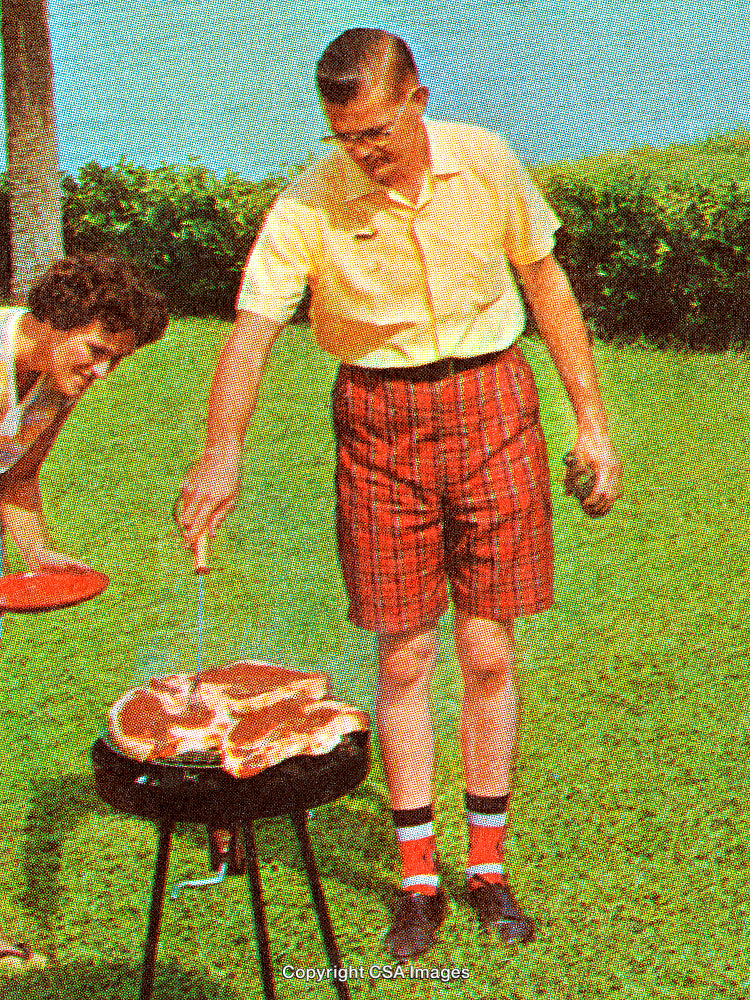 Man Grilling Steaks Outdoors During a Sunny Day in a Retro Style