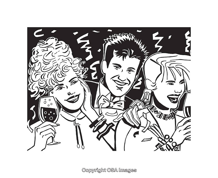 Black and White Line Art of Friends Enjoying a Party Celebration