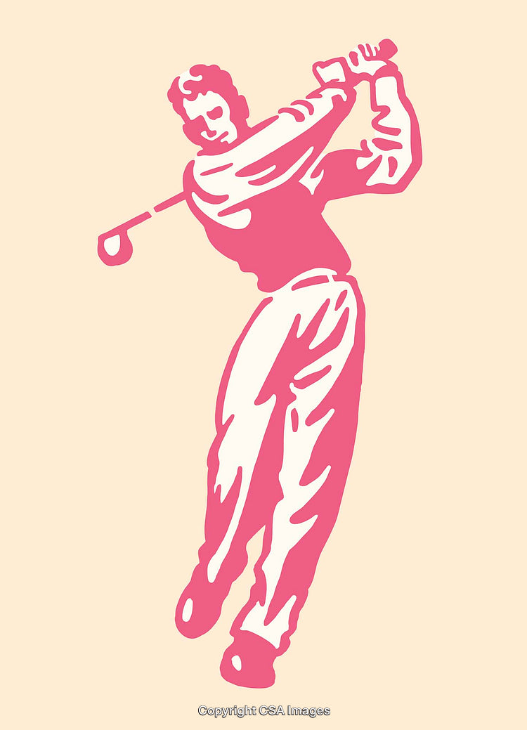 Pink Line Art Illustration of a Golfer Swinging a Club Outdoors