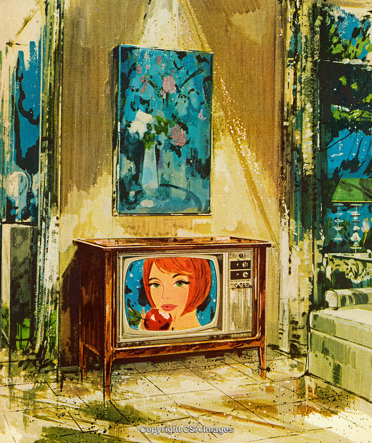 Vintage Living Room Scene with Retro Television and Artistic Decor
