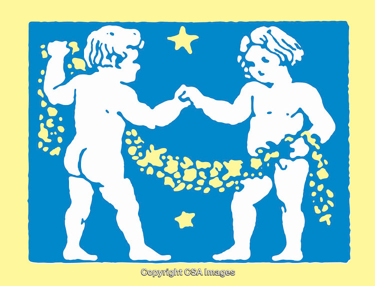 Vintage Line Art Illustration Featuring Two Cherubs Holding a Star Garland