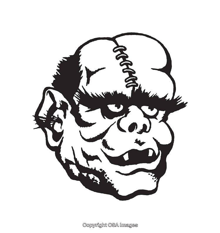 Black and White Frankenstein Head Halloween Illustration in Line Art Style