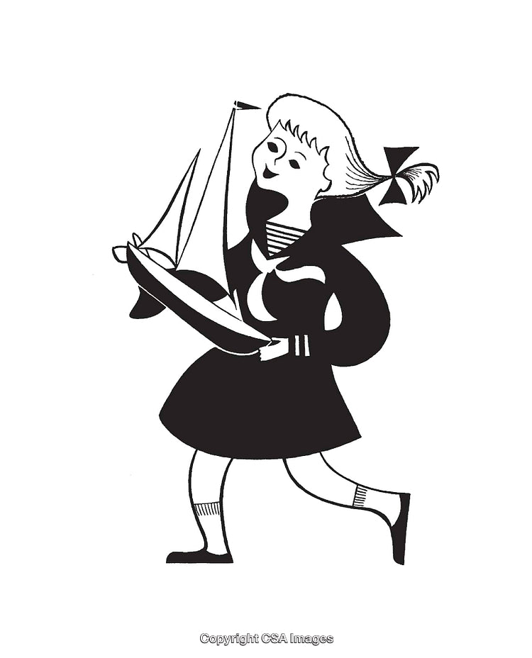 Happy Girl Carrying a Toy Sailboat in Black and White Line Art