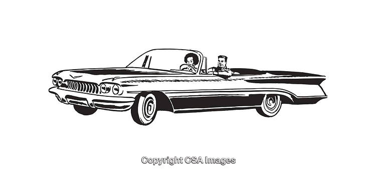 Illustration of Classic Car With Two People Driving in Black and White