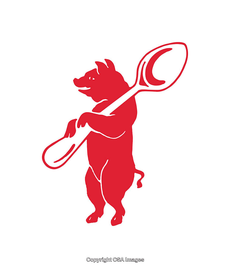 Red Icon of Standing Pig Holding an Oversized Spoon