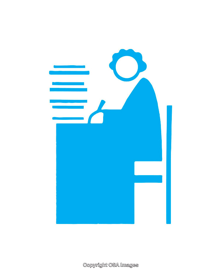 Blue Icon of a Worker Focused at a Desk