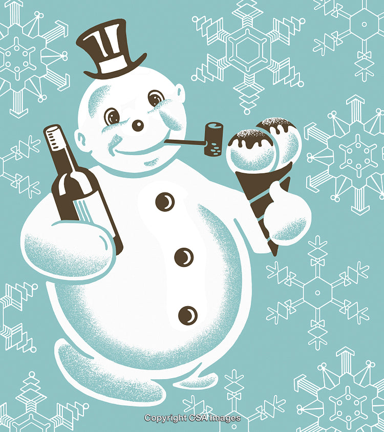 Cheerful Snowman Enjoying Winter Treats with a Frosty Backdrop