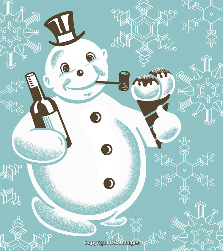 Cheerful Snowman Enjoying Winter Treats with a Frosty Backdrop