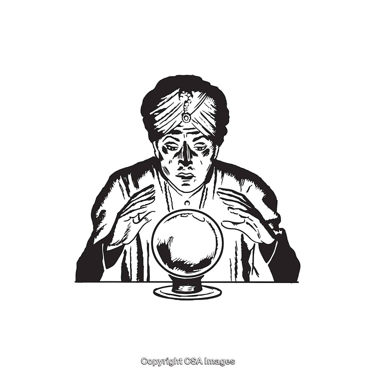 Black and White Illustration of a Fortune Teller with a Crystal Ball