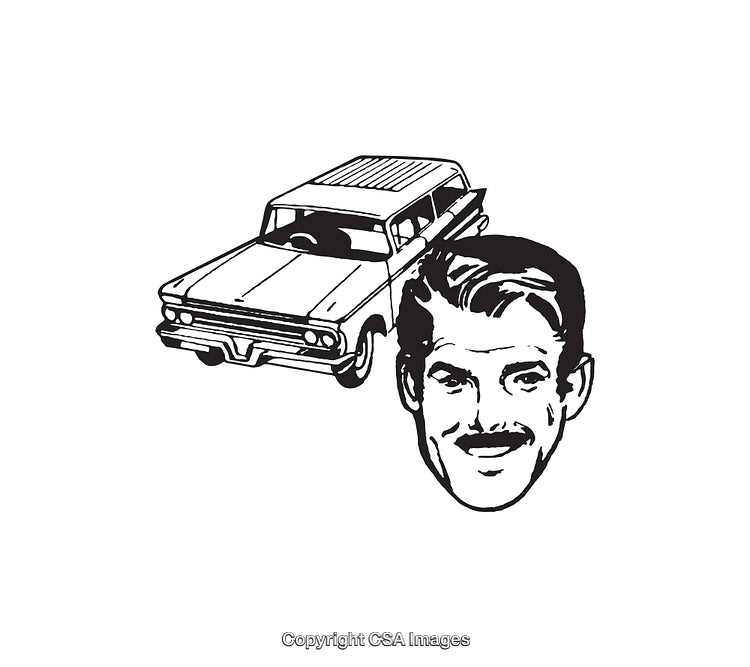 Retro Line Art of a Car and Smiling Gentleman in Classic Style