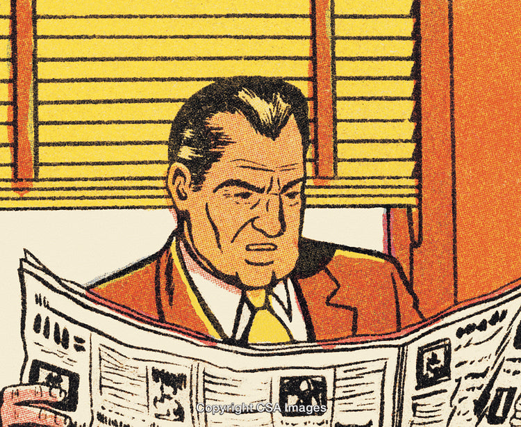 Retro Comic Style Illustration of Man Reading a Newspaper in Office