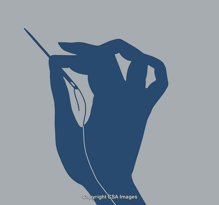 Silhouette of Hand Sewing with Needle and Thread in Line Art Illustration