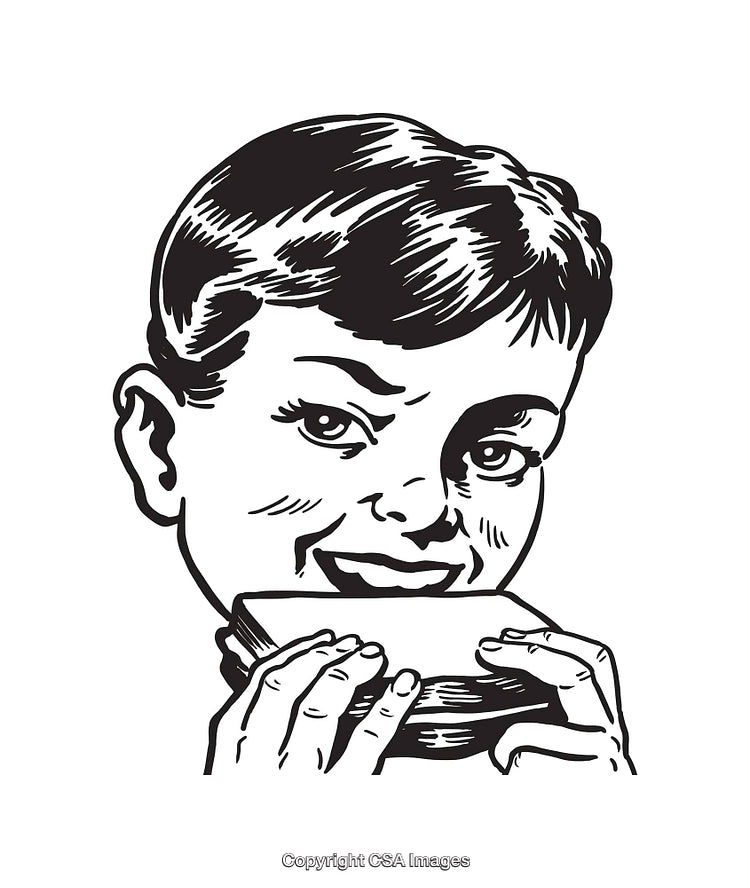 Retro Black and White Line Art of a Child Eating