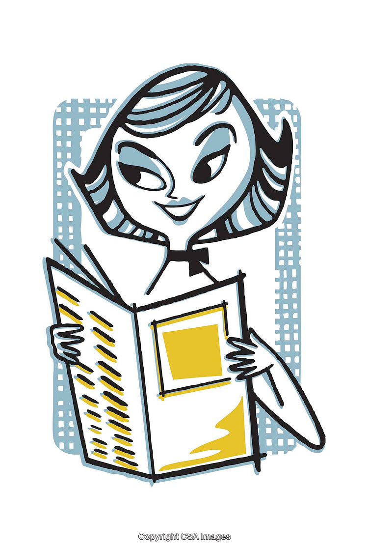 Stylized Illustration of a Woman Reading a Newspaper with a Retro Design