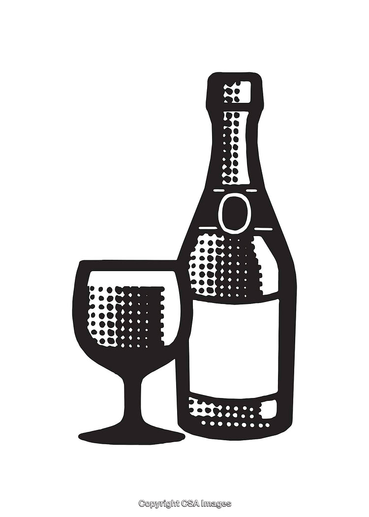 Black and White Line Art of Wine Bottle and Glass Illustration