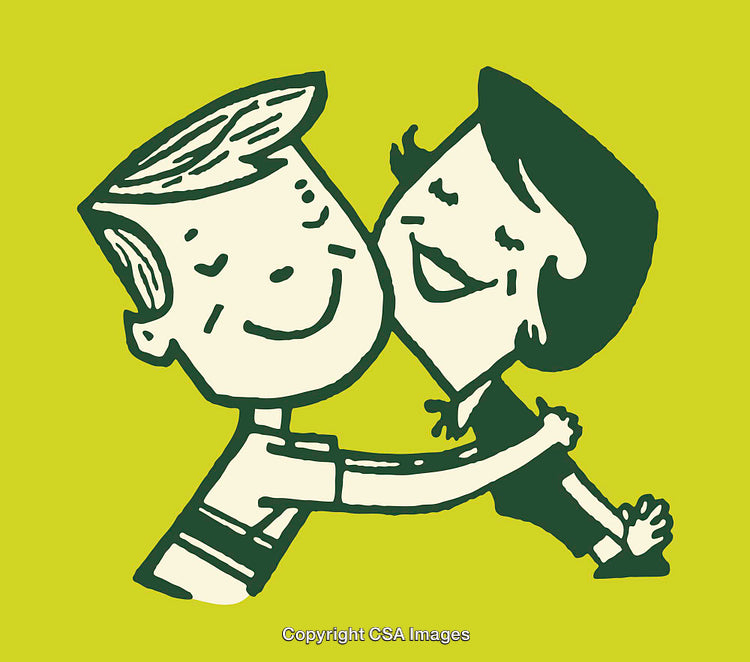 Cartoon Illustration of Smiling Couple Embracing on a Green Background