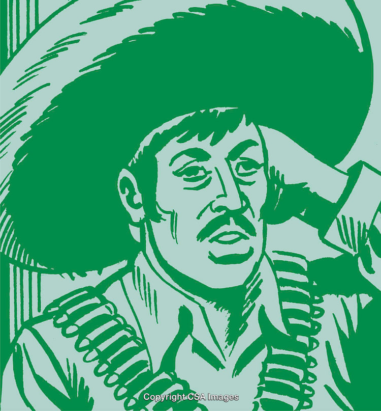 Mexican Revolutionary Figure Illustration in Bold Green and White Art Style
