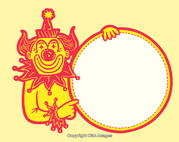 Cheerful Clown Illustration with Circular Frame in Vibrant Yellow and Red