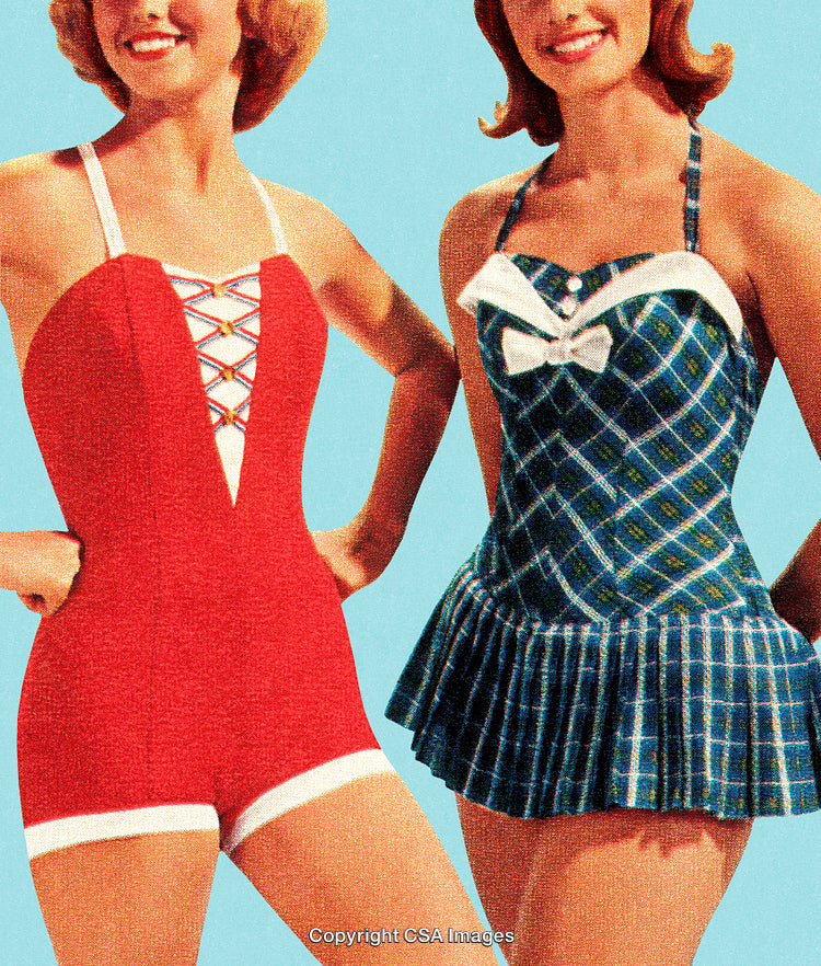 Retro Styled Women in Vintage Fashion Swimsuits on Blue Background