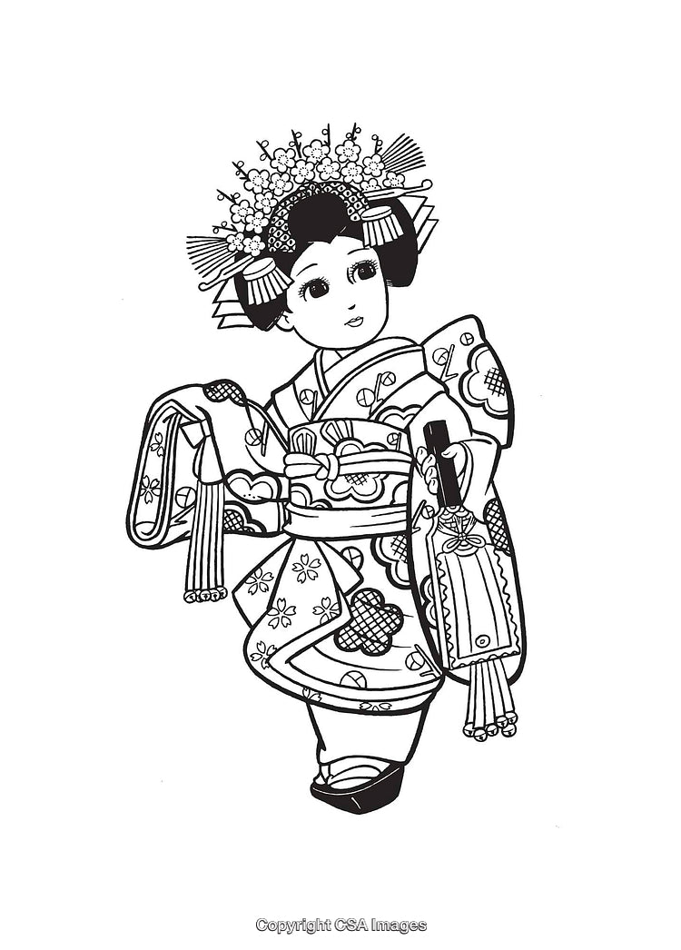 Black And White Line Art of Traditional Japanese Dancer in Kimono