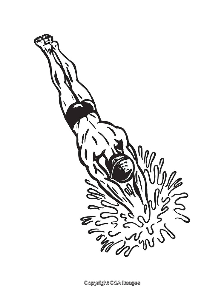 Black and White Line Art Illustration of a Diver Entering Water