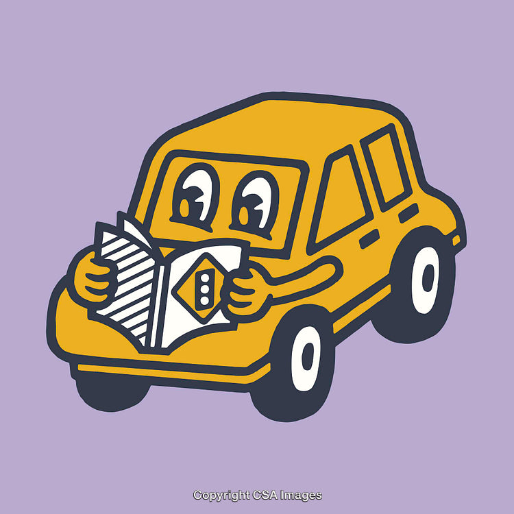 Cartoon Yellow Car Reading a Map on Purple Background