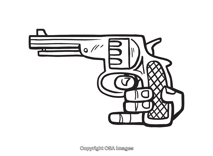 Black and White Line Art Drawing of a Hand Holding a Revolver