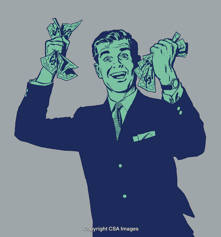 Excited Businessman Holding Cash in Vibrant Line Art Illustration