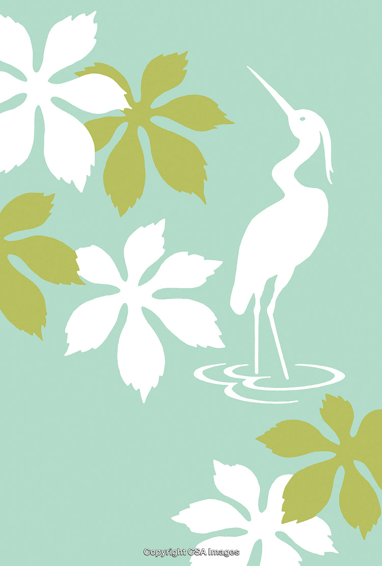 Elegant Crane Silhouette in Floral Design on Light Green Background