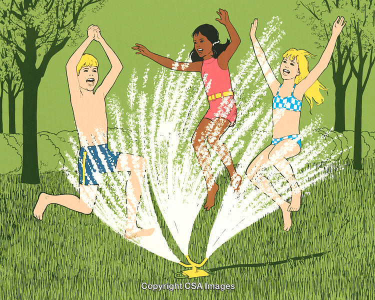 Children Jumping and Playing in Sprinklers in Bright Summer Weather