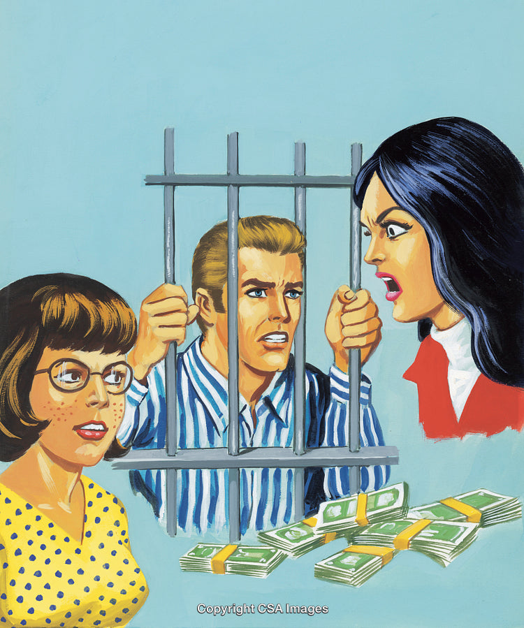 Retro Comic Illustration of Jail Scene With Emotional Characters and Money