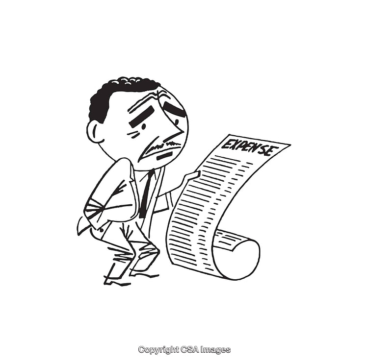 Cartoon Character Reacting to Long Expense List in Line Art Style