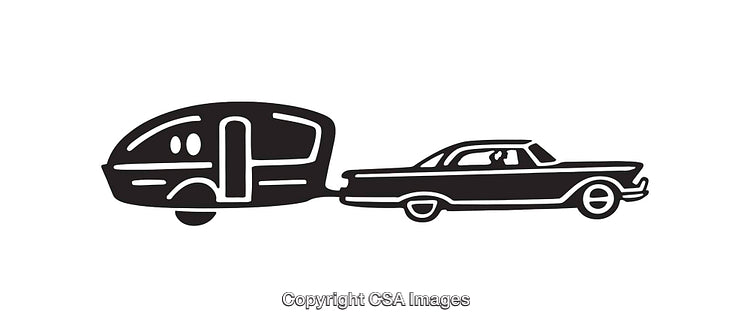 Black and White Line Art of a Vehicle Towing a Retro Camper Trailer