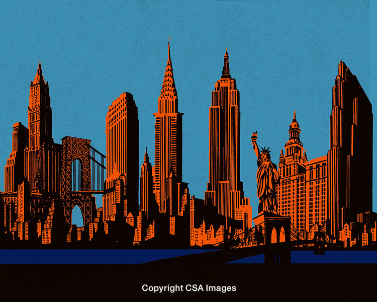 Silhouette of New York City Landmark Skyline With Statue of Liberty