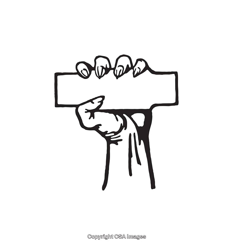 Black And White Line Art of Clenched Hand Gripping Rectangle