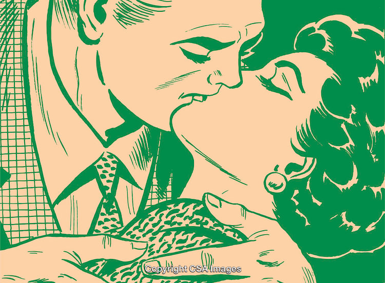 Retro Pop Art Illustration of a Romantic Couple Sharing a Passionate Kiss