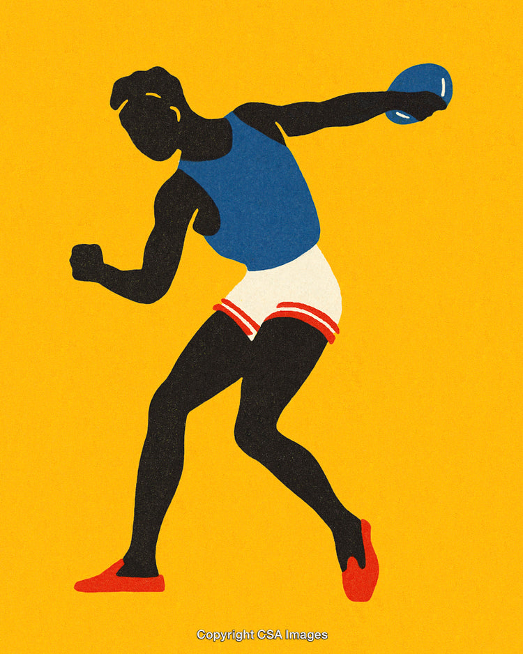 Illustration of Athlete Throwing Disc in a Vintage Style on Yellow Background
