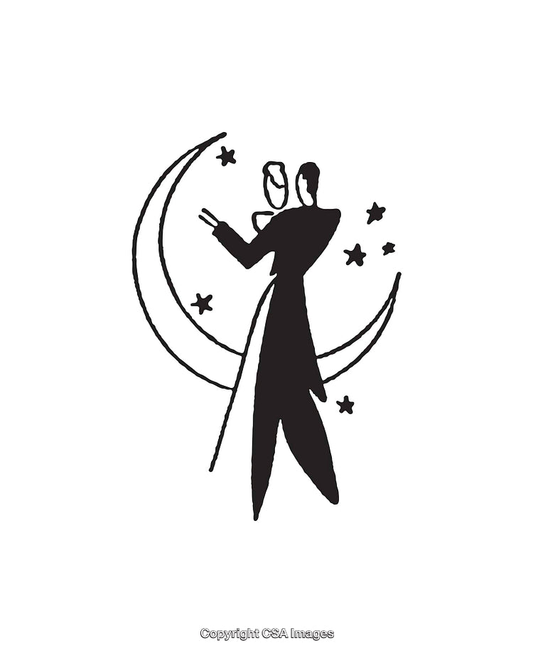 Elegant Line Art Illustration of a Dancing Couple with Moon and Stars