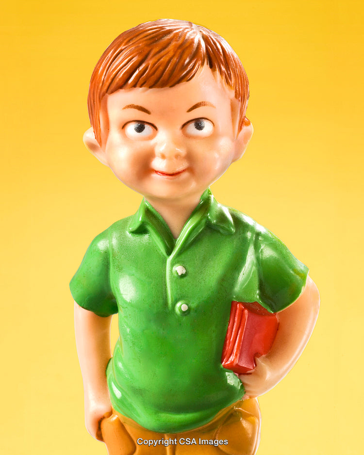 Smiling Boy Figure Holding a Book on Yellow Background