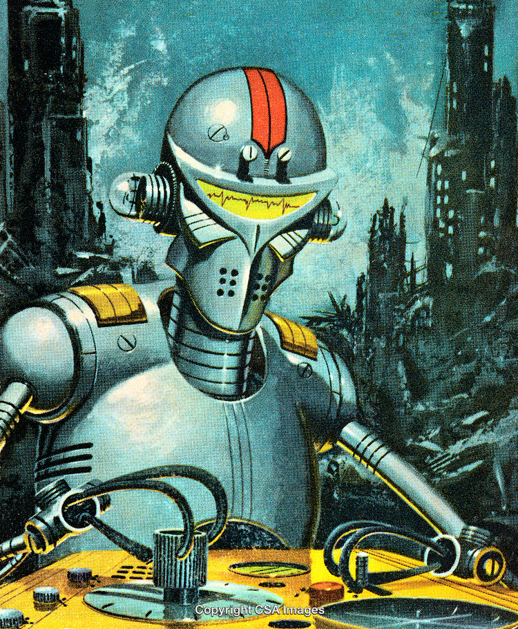 Futuristic Robot in a Post-Apocalyptic Urban Landscape Scene