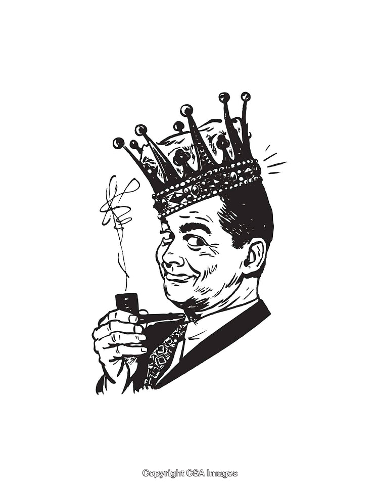 Retro Black and White Art of a Man with a Crown and Pipe