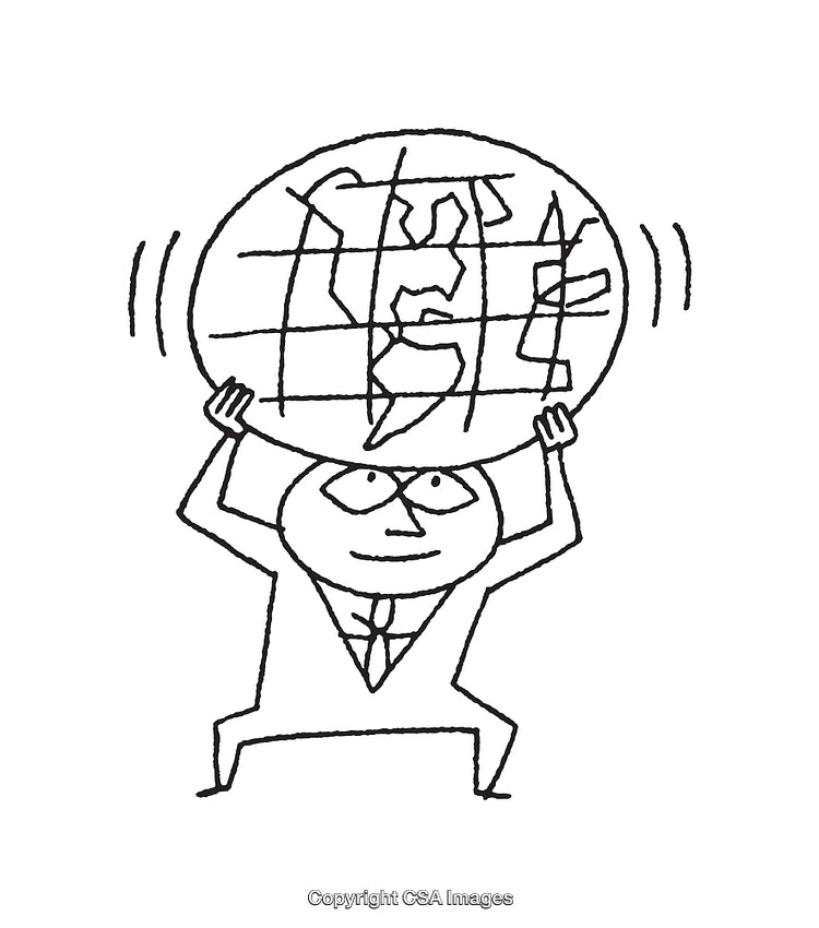 Cartoon Figure Bearing a Globe in Black and White Line Drawing