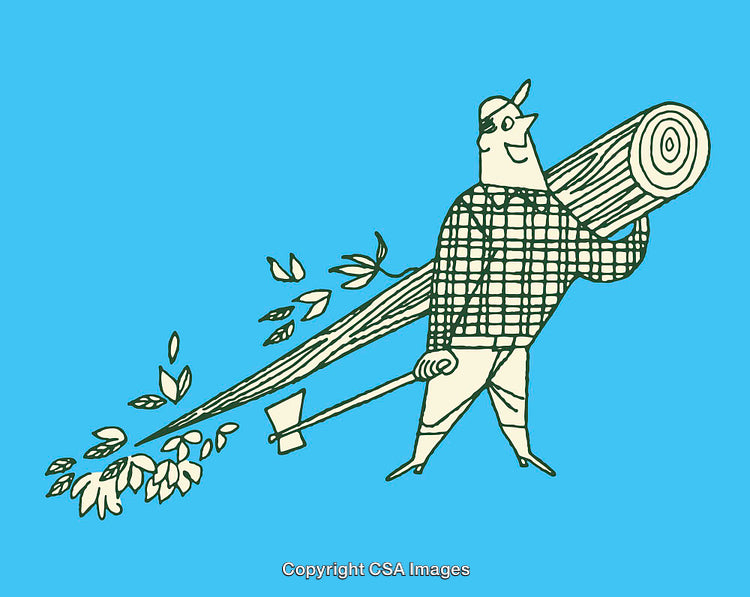 Illustration of a Lumberjack Holding a Log with an Axe