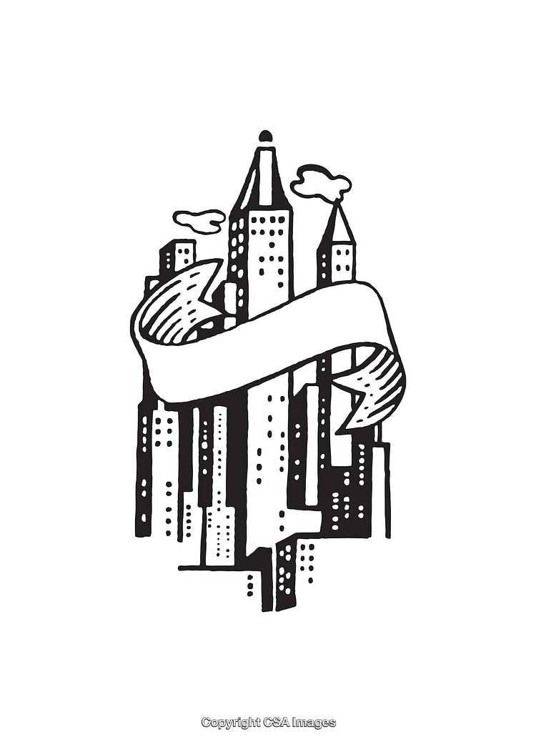 Black-and-White City Skyline Illustration with a Blank Banner