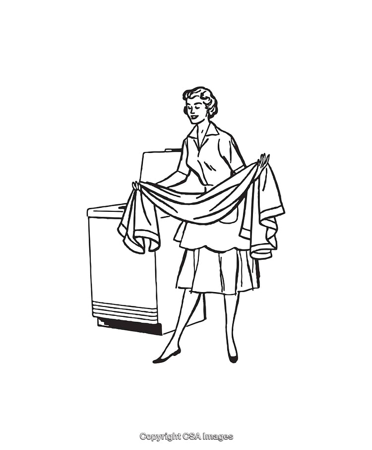 Vintage Laundry Scene of a Woman Handling Freshly Washed Clothes