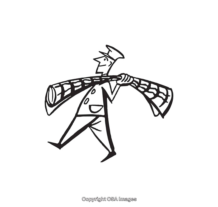 Black and White Line Art of a Worker Carrying a Decorative Rug